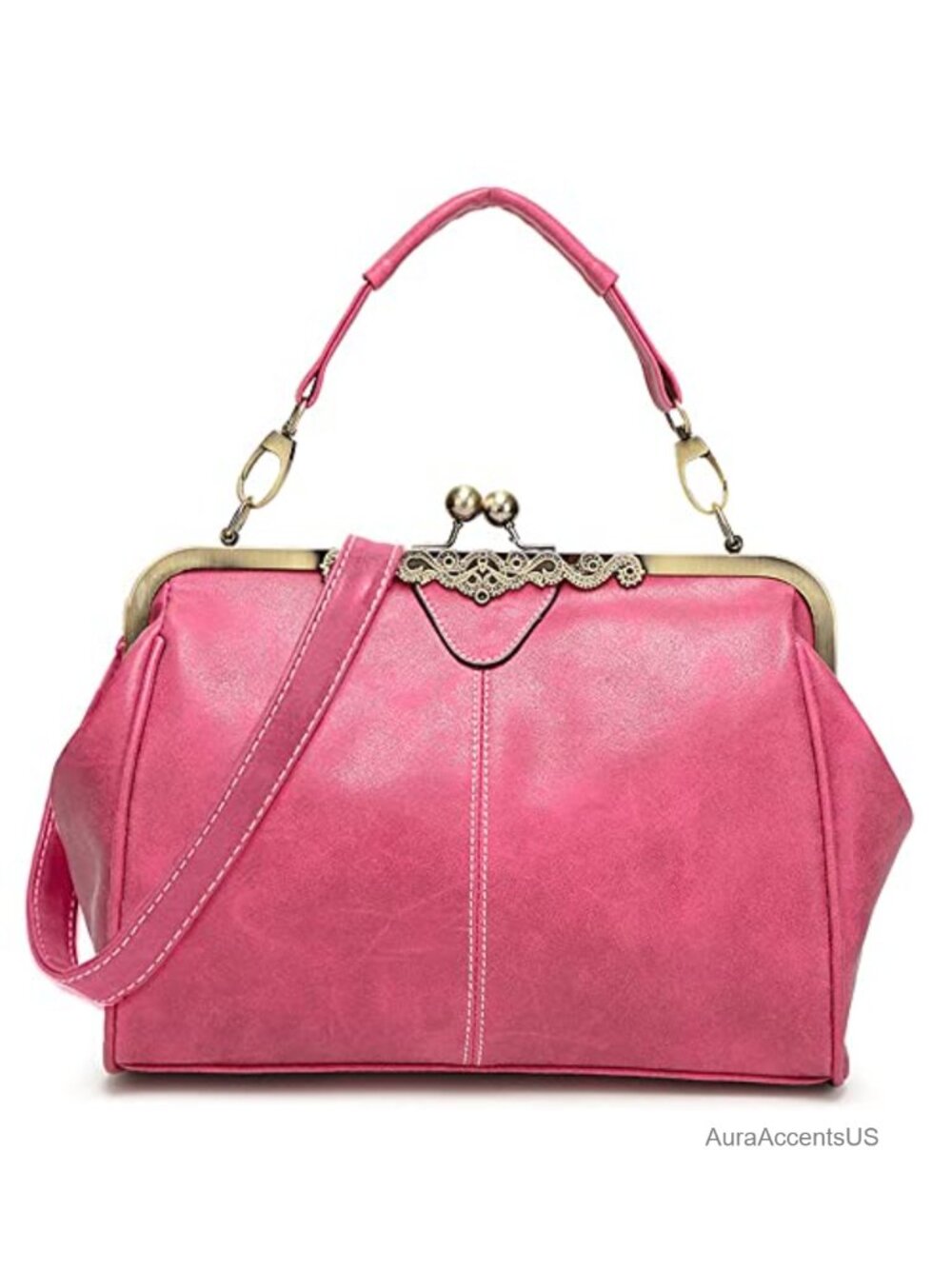 Frosted Leather Retro Kiss Lock Satchel Hobo Bag Shoulder Tote